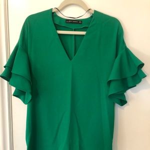 Green Zara ruffle sleeve work dress size S